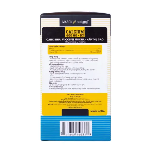 Chewable Calcium 600mg + D3 Mason Natural 100 viên – Chắc khoẻ xương