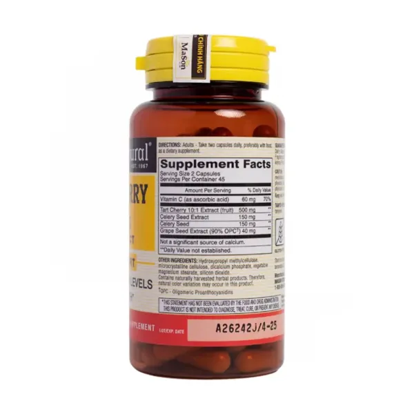 Tart Cherry 500mg Mason Natural 90 viên - Hỗ trợ giảm acid uric trong máu
