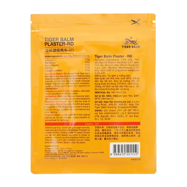 Tiger Balm Plaster - RD Singapore 3 miếng (7 x 10cm) – Cao dán giảm đau cơ, bong gân